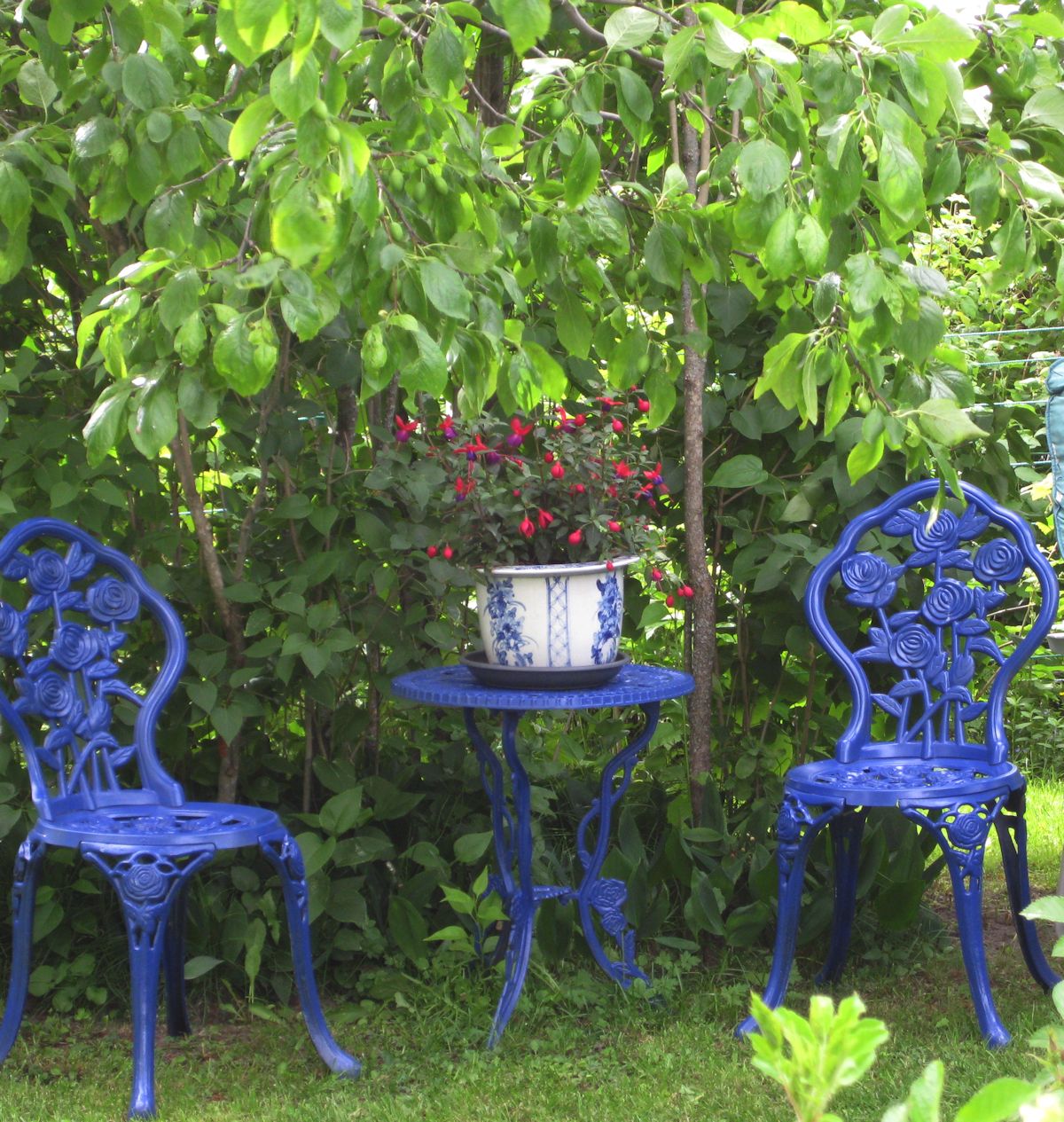 Siniset valurautatuolit.