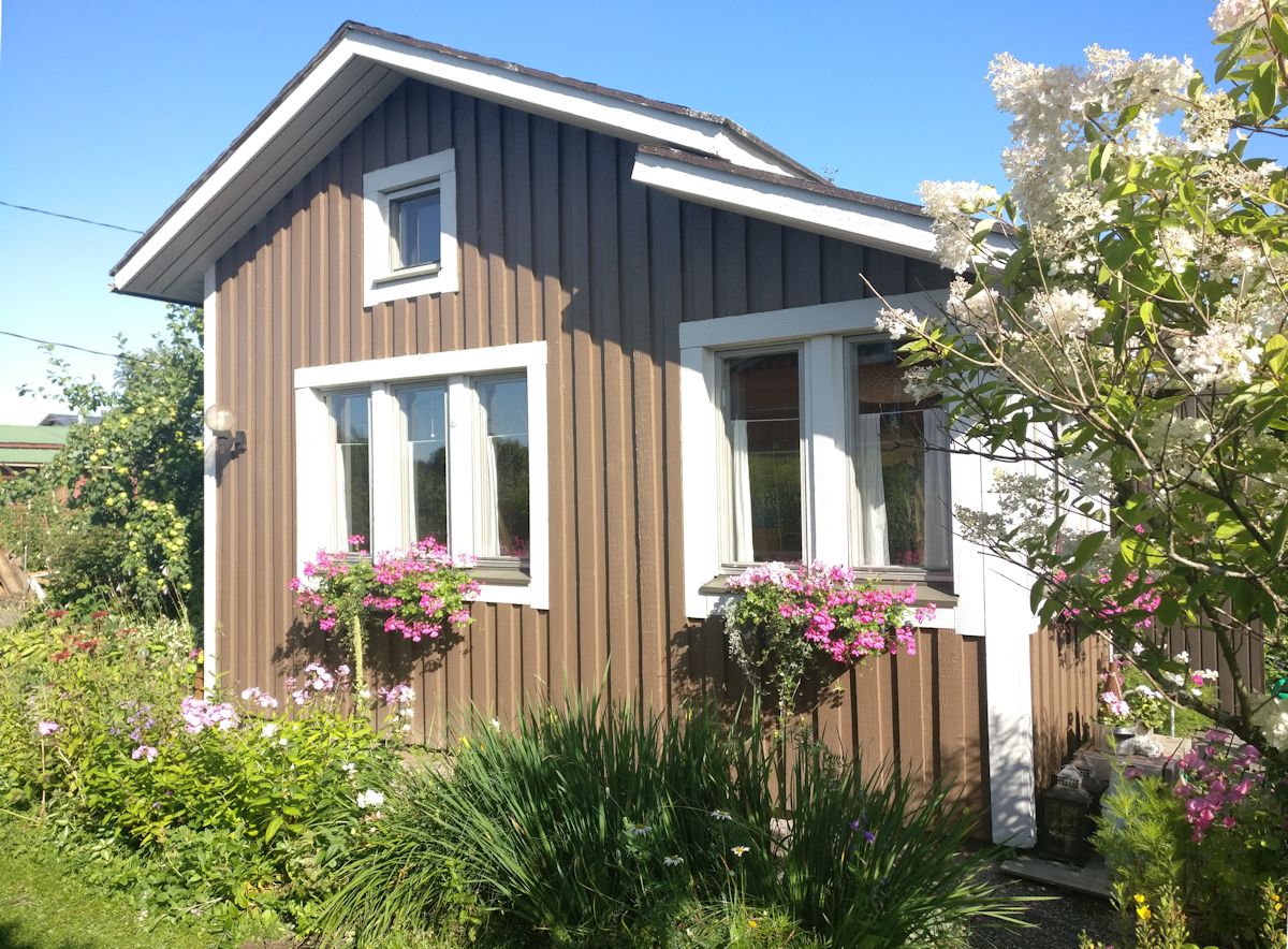 Siirtolapuutarhamökki syyskesällä.